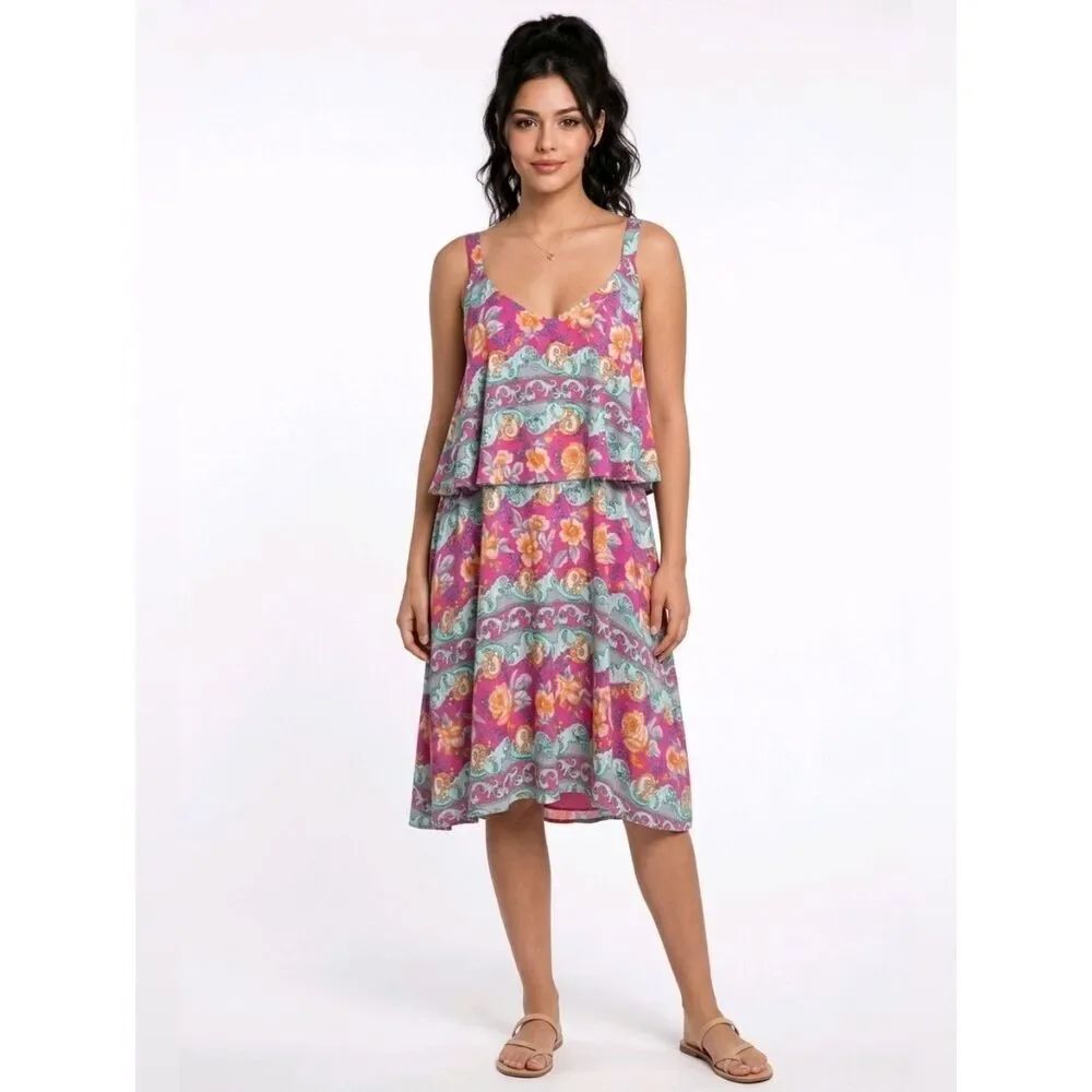 Watermelon Pink Floral Scoop V-neck Yoke Detail Sleeveless Dress Size 1X
